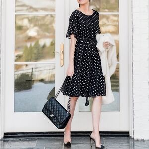 NEW RACHEL PARCELL Black White Polka Dot Classic Midi Ruffle Sleeve Dress XS